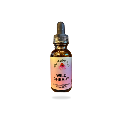 Bottle of Wild Cherry herbal supplement with dropper on a white background