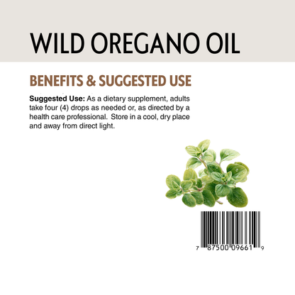 Label for wild oregano oil with text and a small image of oregano leaves on a beige background.