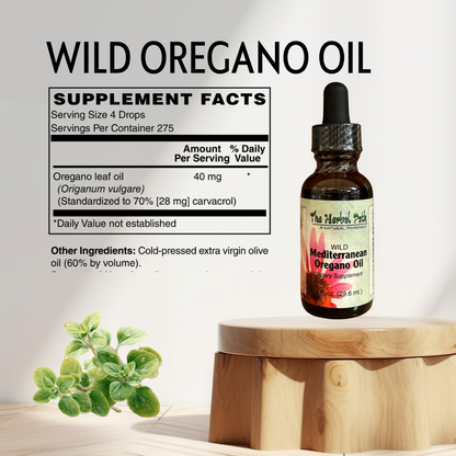 Bottle of Wild Oregano Oil with supplement facts on a light background