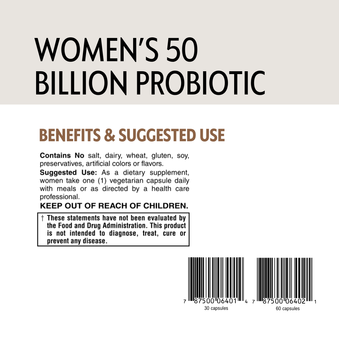 Back label of a women's 50 billion probiotic supplement with text and barcode.