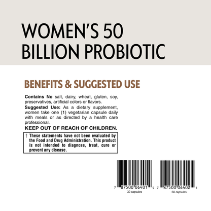 Back label of a women's 50 billion probiotic supplement with text and barcode.