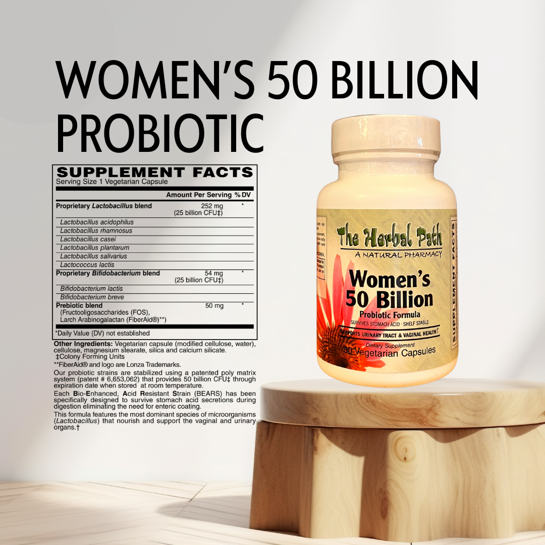 Bottle of 'Women's 50 Billion Probiotic' on a wooden stand with supplement facts label.