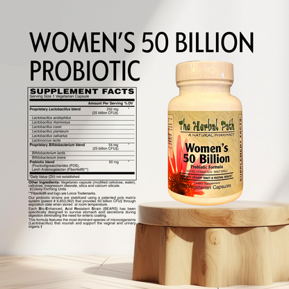 Bottle of 'Women's 50 Billion Probiotic' on a wooden stand with supplement facts label.
