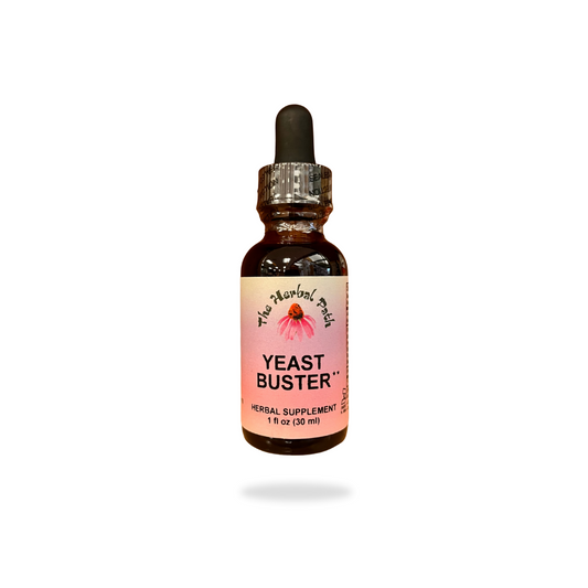 Bottle of 'Yeast Buster' herbal supplement with a dropper by The Herbal Path.
