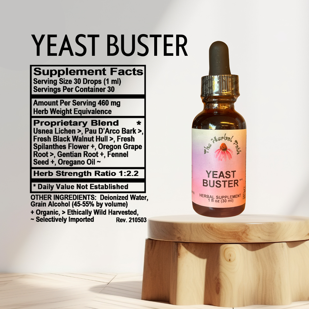 Yeast Buster supplement bottle with dropper on a wooden stand, featuring supplement facts label.
