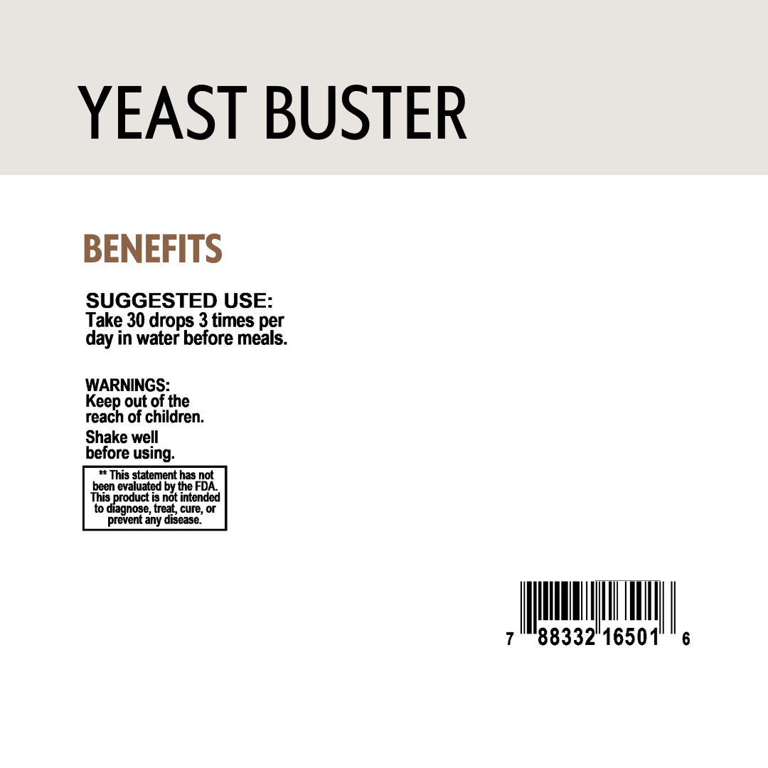 Yeast Buster supplement label with text and barcode on a white background
