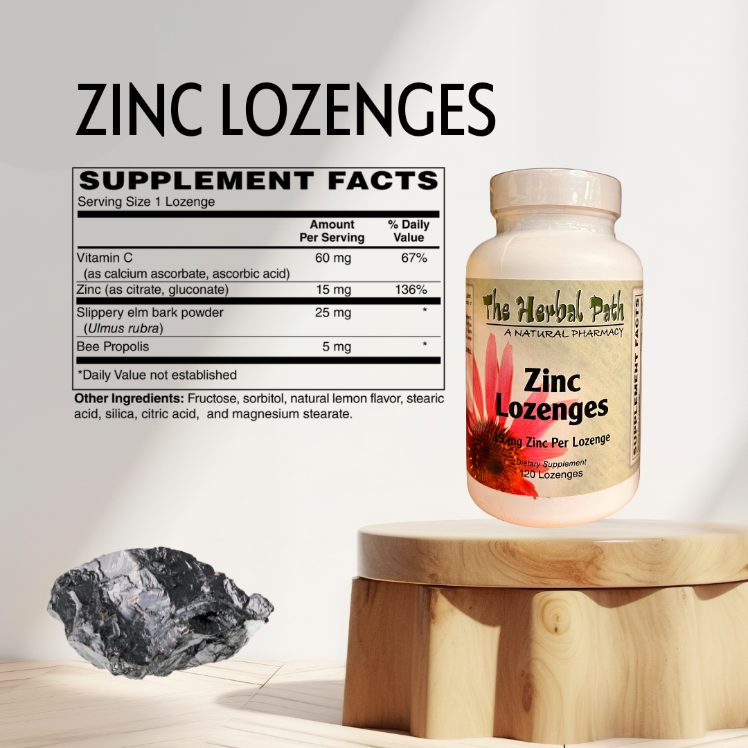 Zinc lozenges supplement with label and rock on a light background