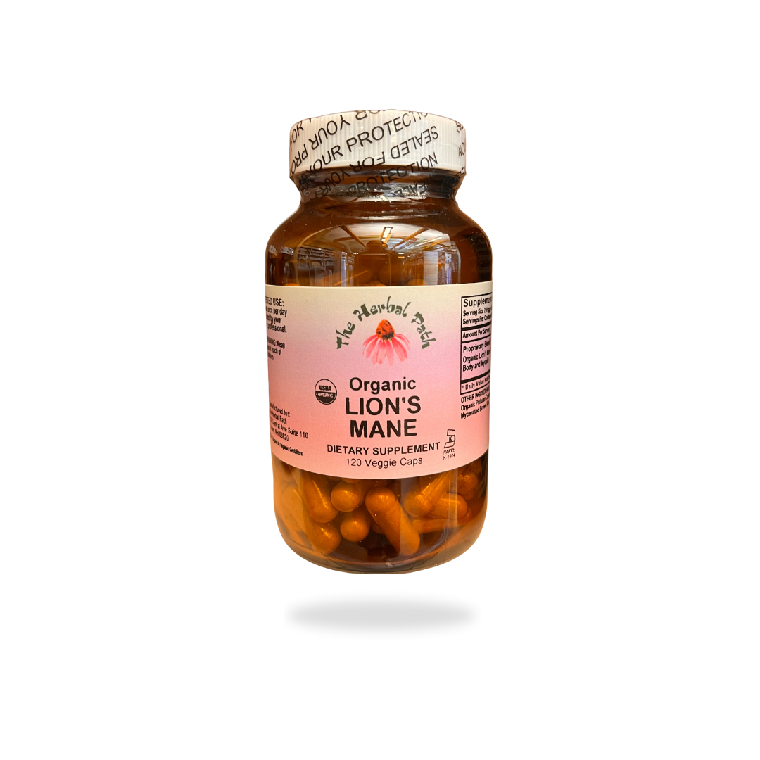 Supplement bottle labeled 'Organic Lion's Mane' on a white background